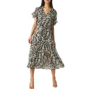 Misa Ranjana Flutter Sleeve Midi Dress in Black White
